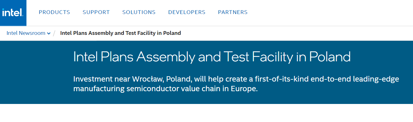 英特尔加速扩张 计划投资46亿美元在波兰建设芯片工厂